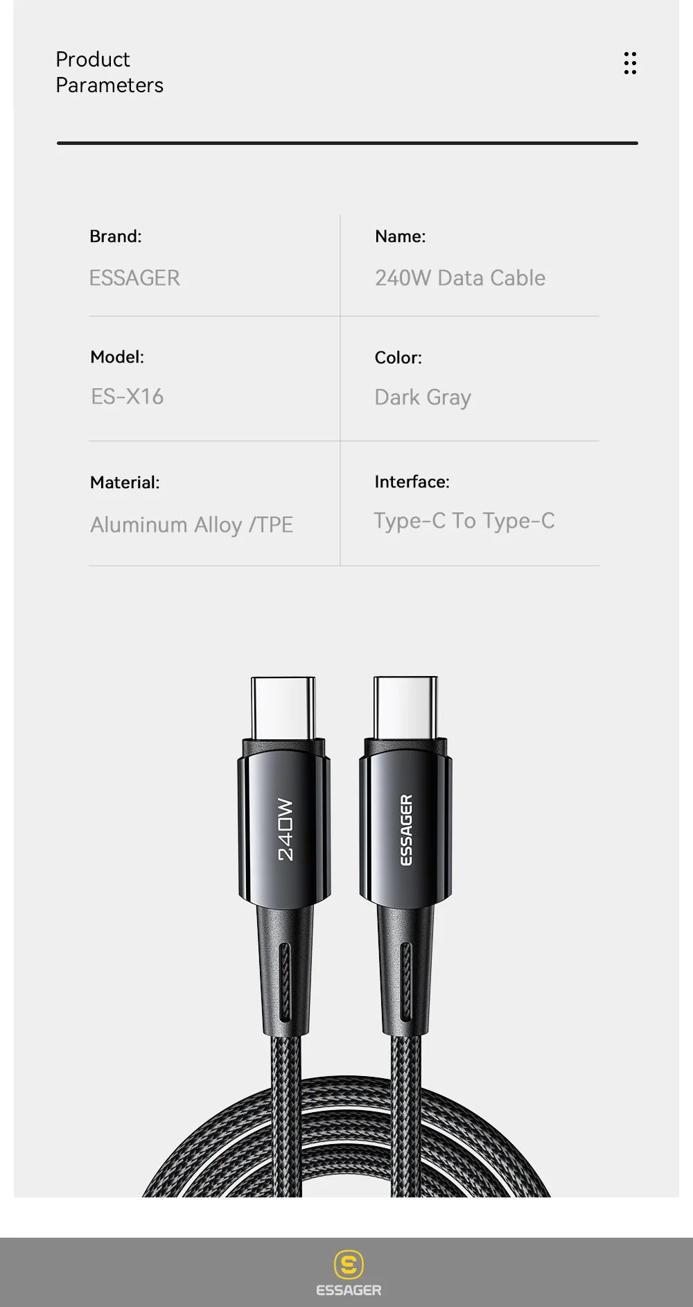 Essager 240W USB-C Fast Charging Cable – 6A High-Speed Type-C Cable
