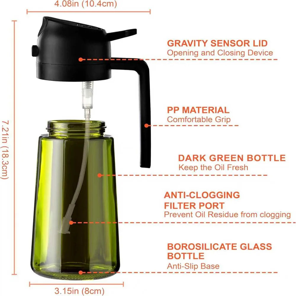 2-in-1 Olive Oil Dispenser & Sprayer 470ml Dark Green Glass Oil Bottle