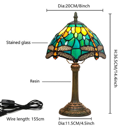 Tiffany Style Stained Glass Table Lamp – Green Dragonfly Retro Bedside Light for Bedroom, Office, Bar & Desk Decor