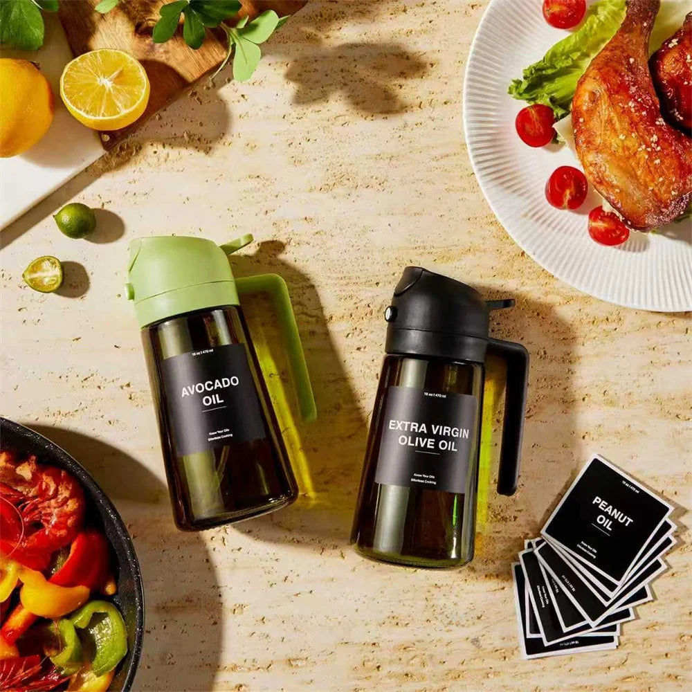 2-in-1 Olive Oil Dispenser & Sprayer 470ml Dark Green Glass Oil Bottle