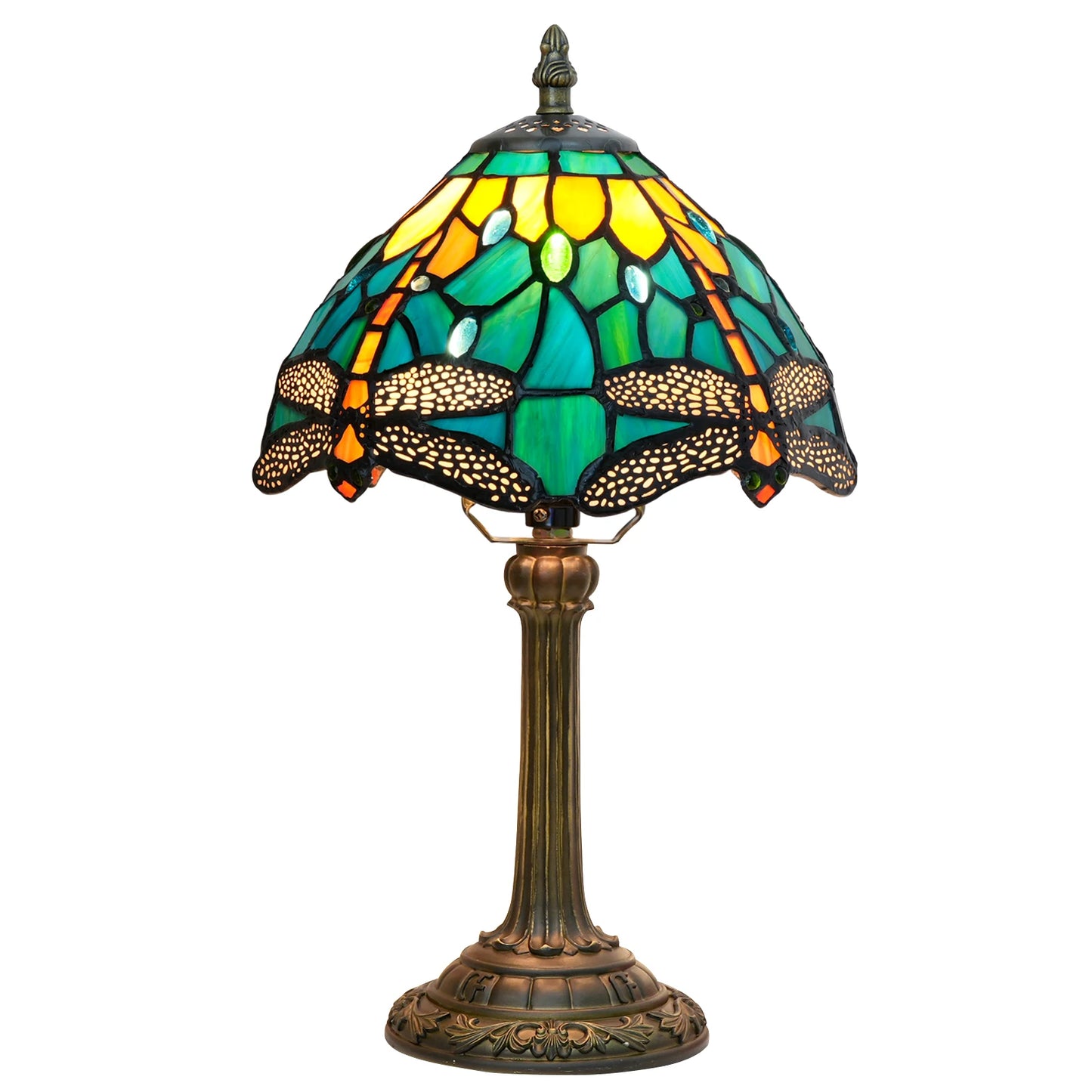 Tiffany Style Stained Glass Table Lamp – Green Dragonfly Retro Bedside Light for Bedroom, Office, Bar & Desk Decor