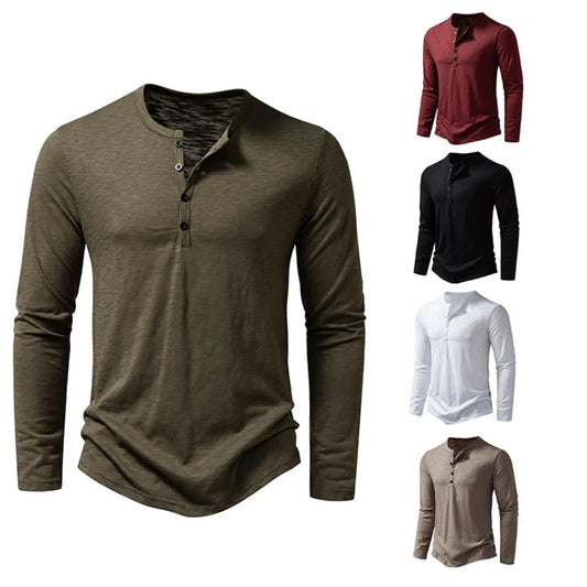 Men’s Cotton Henley Shirt – Long Sleeve Casual Button Neck Top