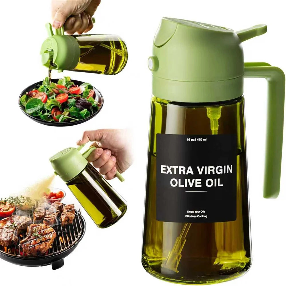 2-in-1 Olive Oil Dispenser & Sprayer 470ml Dark Green Glass Oil Bottle