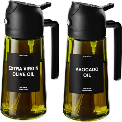 2-in-1 Olive Oil Dispenser & Sprayer 470ml Dark Green Glass Oil Bottle