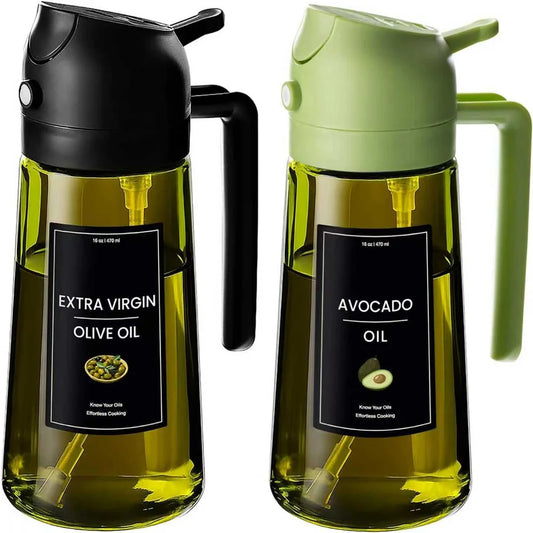 2-in-1 Olive Oil Dispenser & Sprayer 470ml Dark Green Glass Oil Bottle