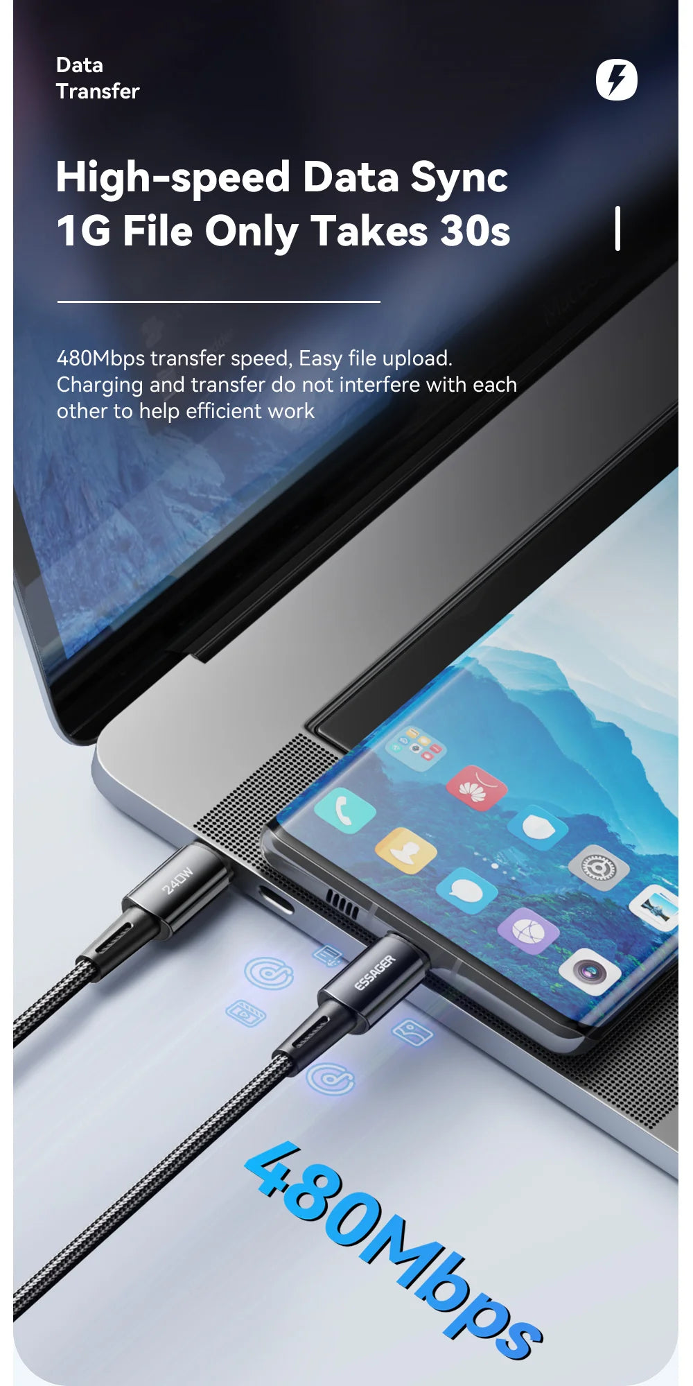 Essager 240W USB-C Fast Charging Cable – 6A High-Speed Type-C Cable