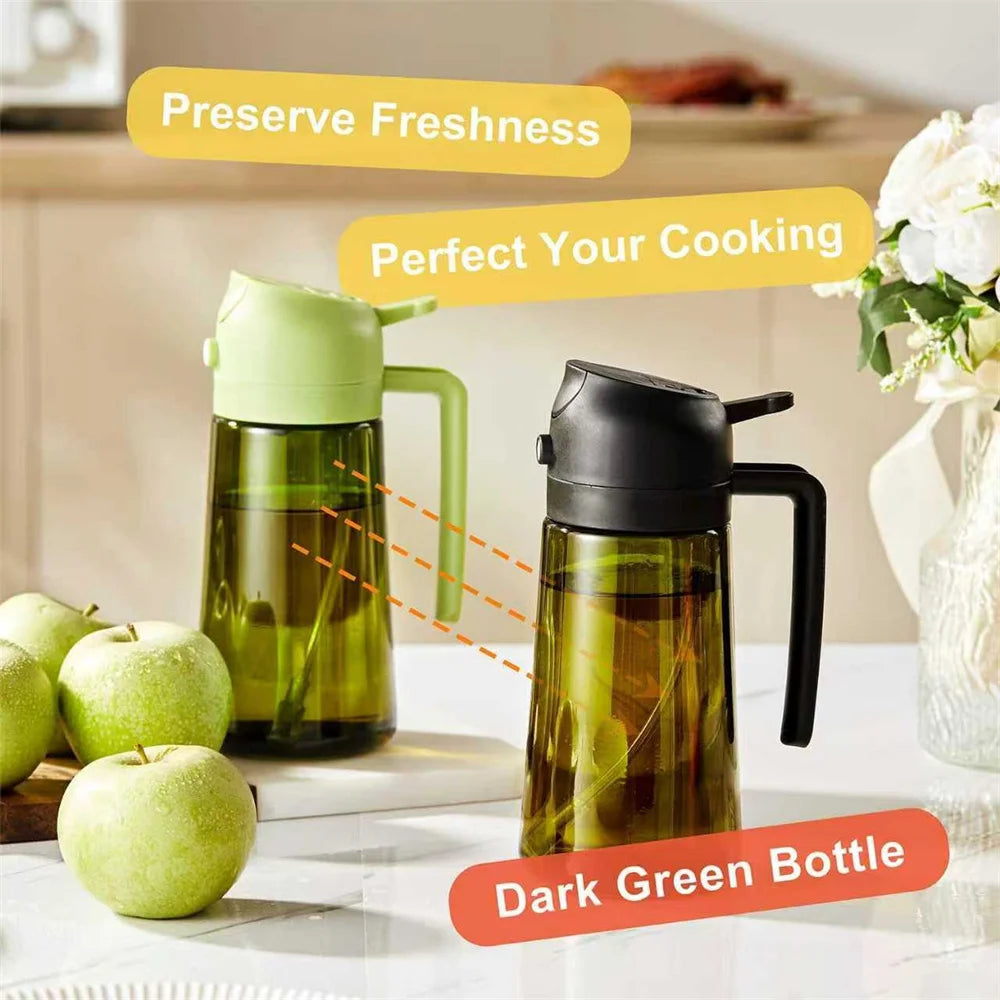 2-in-1 Olive Oil Dispenser & Sprayer 470ml Dark Green Glass Oil Bottle