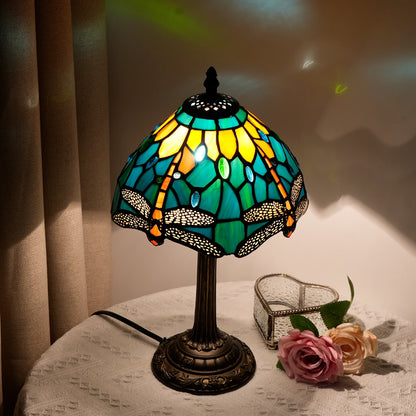 Tiffany Style Stained Glass Table Lamp – Green Dragonfly Retro Bedside Light for Bedroom, Office, Bar & Desk Decor