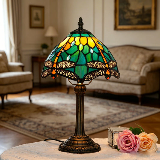 Tiffany Style Stained Glass Table Lamp – Green Dragonfly Retro Bedside Light for Bedroom, Office, Bar & Desk Decor