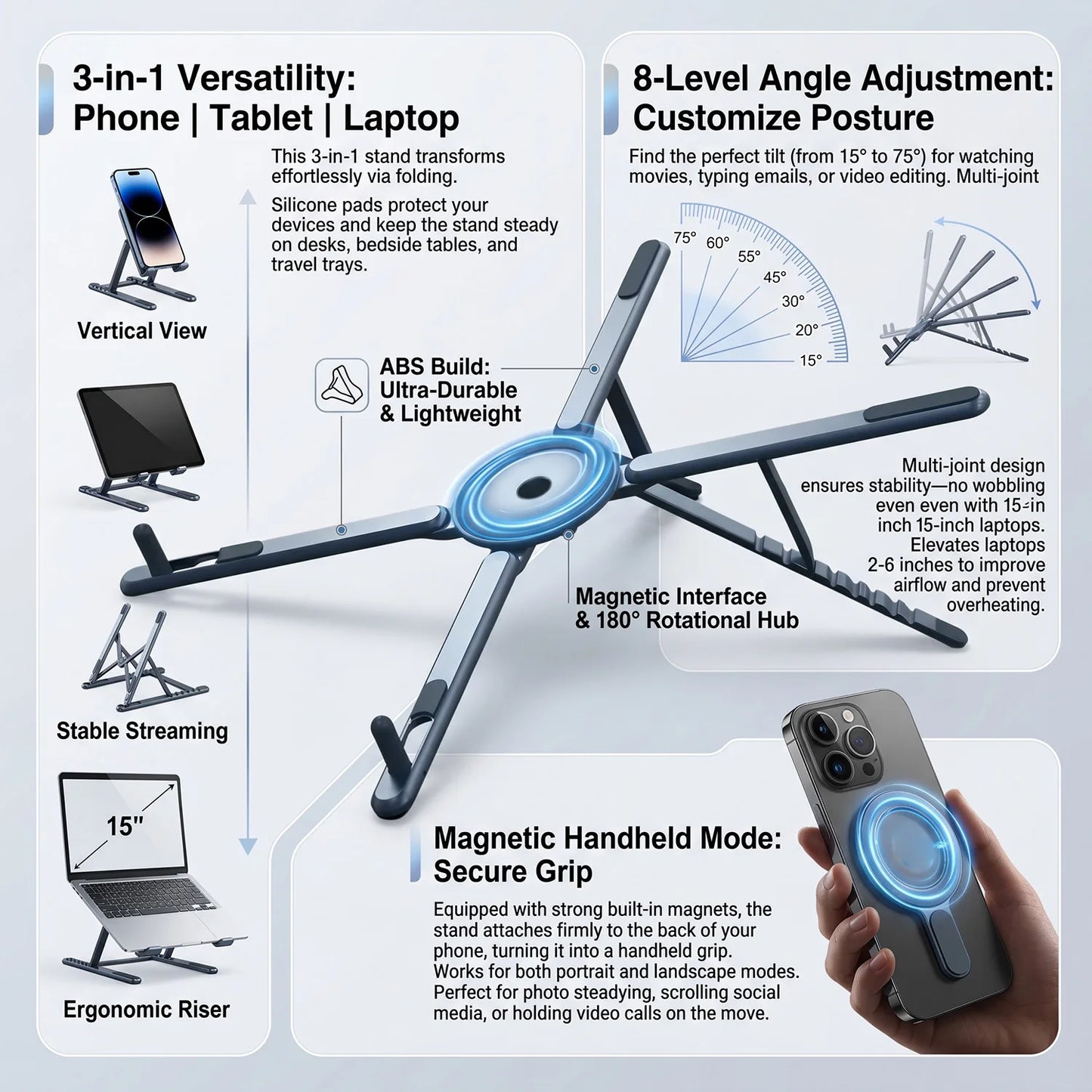3-in-1 Magnetic Phone Holder & Selfie Stick – Foldable Tripod Stand for iPhone, iPad, Tablet & Desktop