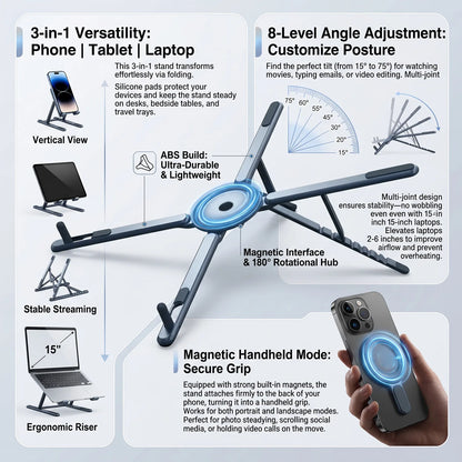 3-in-1 Magnetic Phone Holder & Selfie Stick – Foldable Tripod Stand for iPhone, iPad, Tablet & Desktop