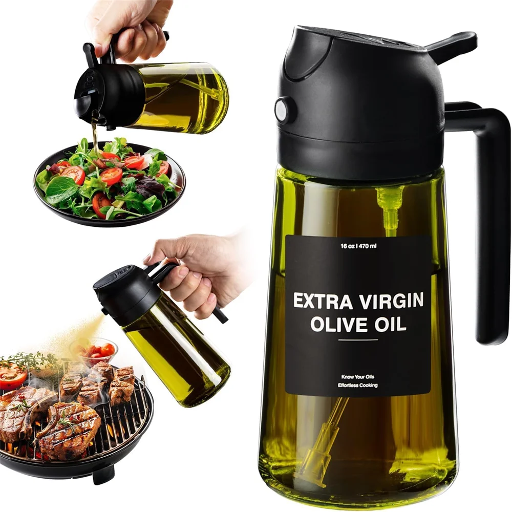 2-in-1 Olive Oil Dispenser & Sprayer 470ml Dark Green Glass Oil Bottle