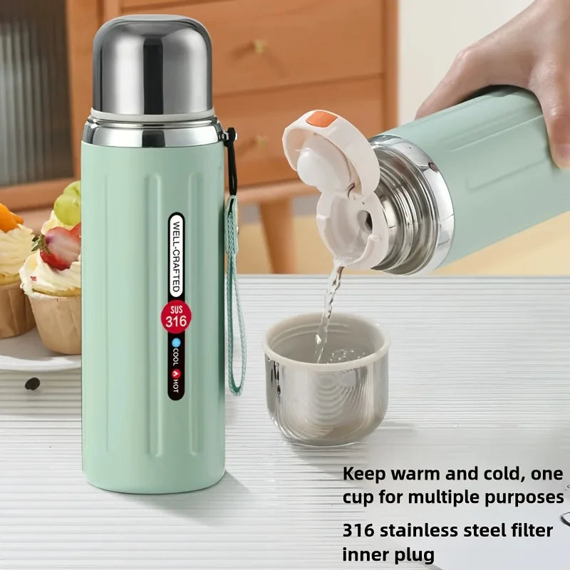 316 Stainless Steel Insulated Water Bottle – Double-Wall Vacuum Flask with Leak-Proof Flip-Top Lid & Strap
