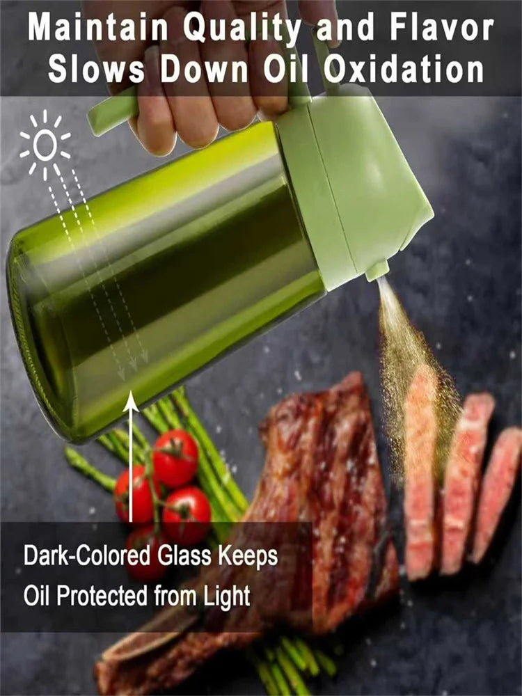 2-in-1 Olive Oil Dispenser & Sprayer 470ml Dark Green Glass Oil Bottle