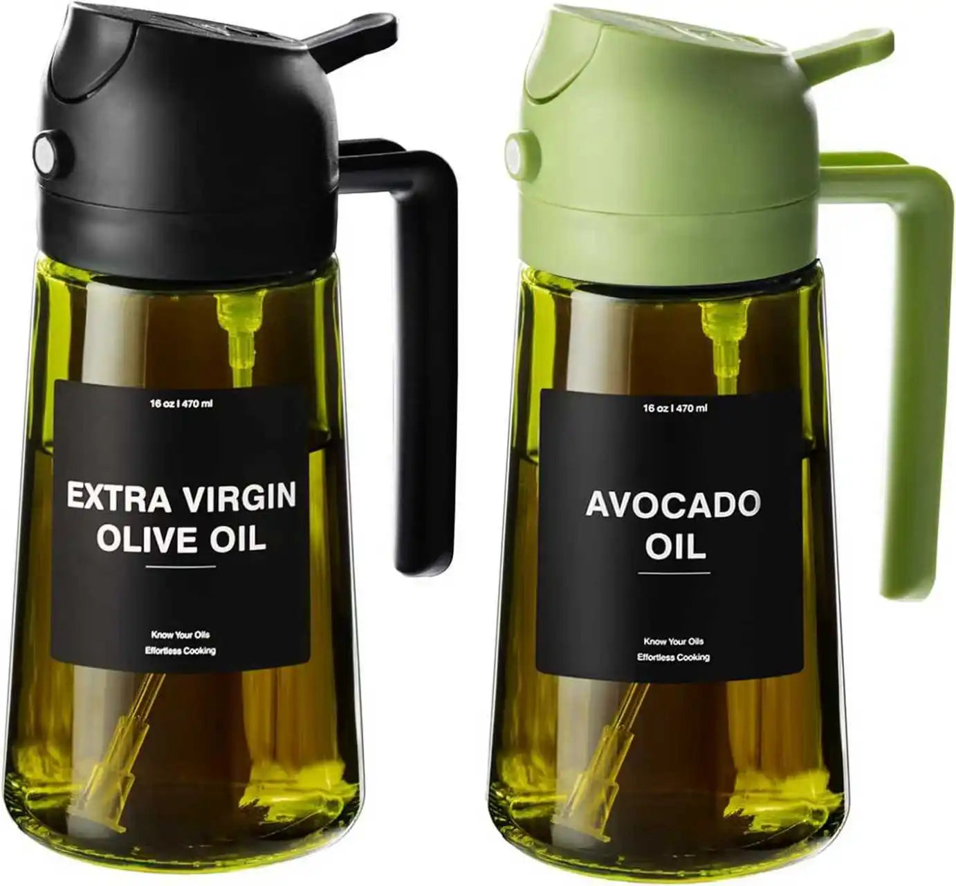 2-in-1 Olive Oil Dispenser & Sprayer 470ml Dark Green Glass Oil Bottle