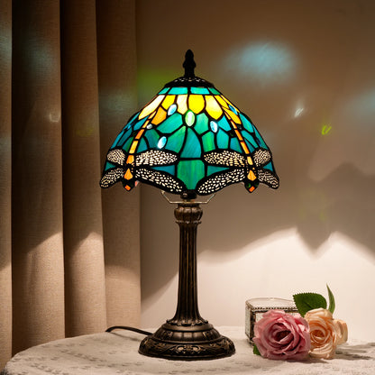 Tiffany Style Stained Glass Table Lamp – Green Dragonfly Retro Bedside Light for Bedroom, Office, Bar & Desk Decor