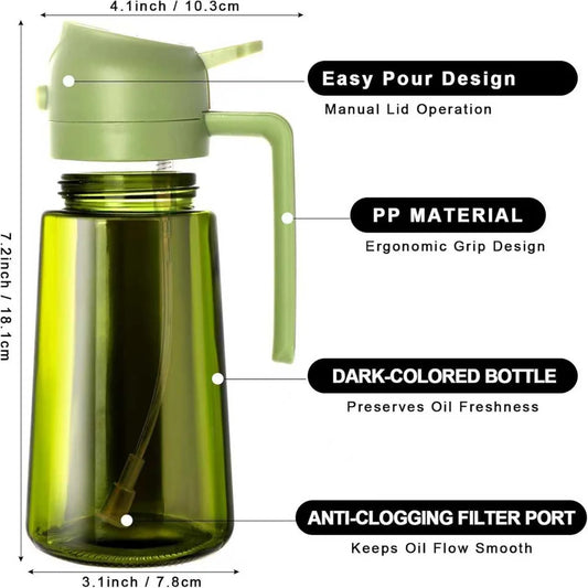 2-in-1 Olive Oil Dispenser & Sprayer 470ml Dark Green Glass Oil Bottle
